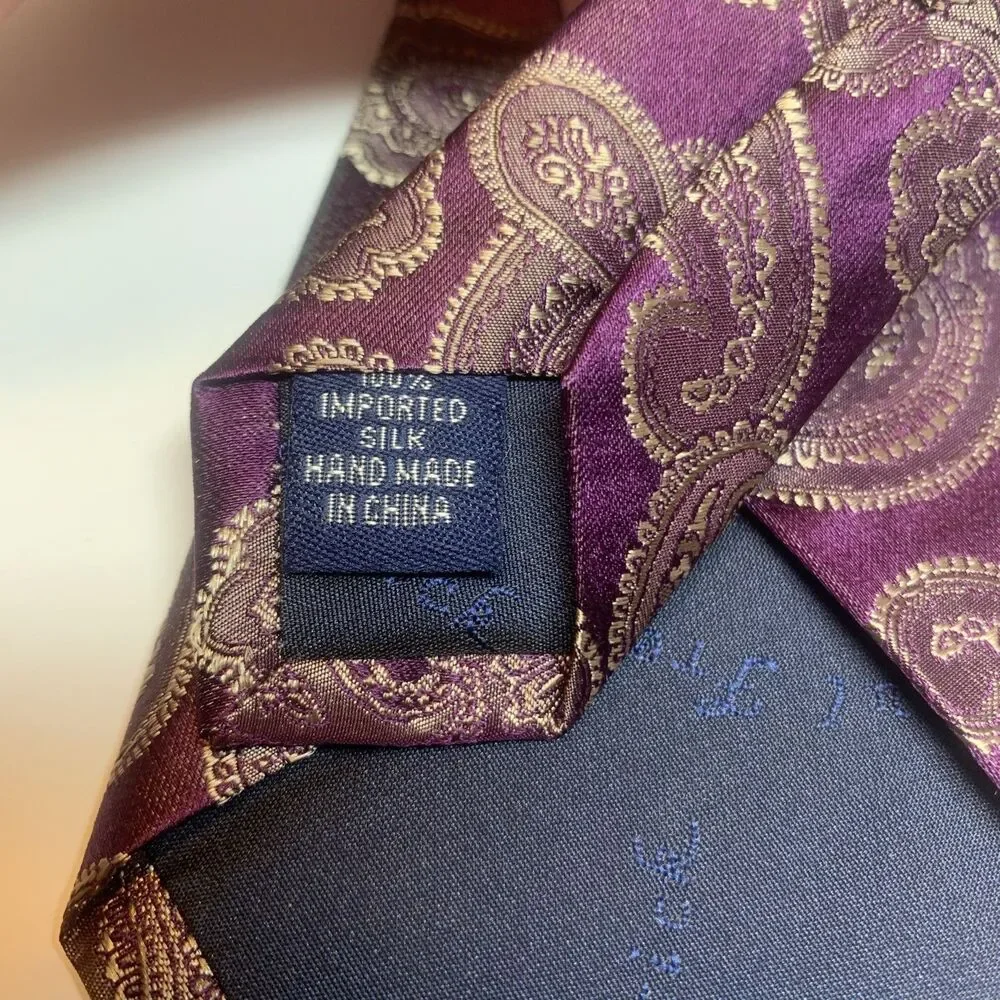 Paul Fredrick 100% Silk Tie Purple Paisley Print 58”X3.5” Designer Business